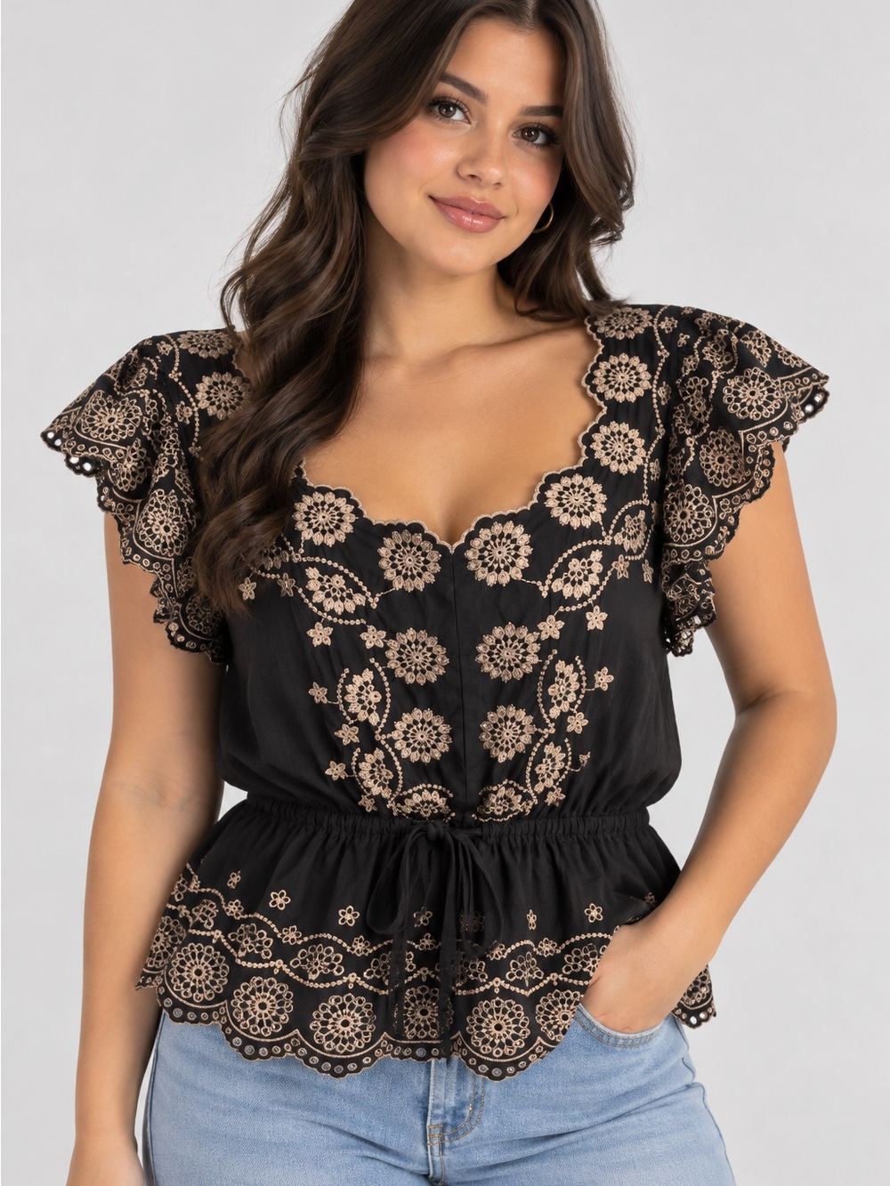 Democracy Black Peasant Top with Tan Floral Embroidery
